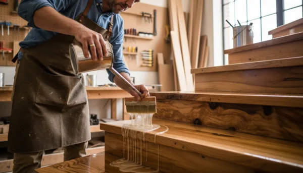 A close-up view of a skilled professional applying a clear resin coating on a wooden staircase, showcasing the intricate details of the wood grain and the glossy finish. In the foreground, the craftsman, dressed in smart casual work attire, is seen meticulously pouring resin from a container onto the steps using a brush, capturing the fluidity and texture of the application process. In the middle ground, the freshly coated steps glisten under bright, natural light, highlighting the transformation of the wood. The background features a softly blurred workshop with tools and materials, creating a warm and inviting atmosphere. The scene conveys a sense of craftsmanship and modernity, emphasizing the elegance and durability that resin brings to wood.