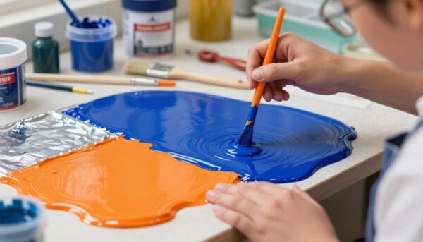 A close-up view of a vibrant epoxy paint application in a workshop setting, featuring a variety of colors such as deep blue, bright orange, and shimmery silver. In the foreground, a painter in professional attire carefully mixes two-part epoxy resin with meticulous precision. The middle layer showcases a textured surface being coated with smooth, glossy epoxy, highlighting the paint's durable finish. The background reveals tools like a paintbrush, mixing containers, and safety gear, emphasizing a well-equipped workspace. Soft natural lighting illuminates the scene, creating an inviting atmosphere that highlights the glossy texture and rich colors of the epoxy paint, inviting the viewer to appreciate its practical applications in various projects.