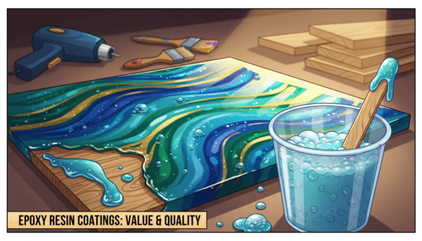 A close-up view of a vibrant, glossy epoxy resin application on a wooden surface, showcasing its smooth, shimmering texture and deep color variations. In the foreground, a mixing cup with bubbles forming, alongside a wooden stick, indicating the artisanal aspect of resin preparation. The middle ground features a partially finished project, highlighting the contrast between the clear resin and the natural wood grain. In the background, softly blurred tools like a heat gun and paintbrushes suggest an organized workspace. Focused lighting enhances the clarity of the resin’s surface, with reflections that create a dynamic, inviting atmosphere. The composition conveys a sense of craftsmanship and quality, ideal for an informative article on epoxy resin pricing compared to other coating materials.