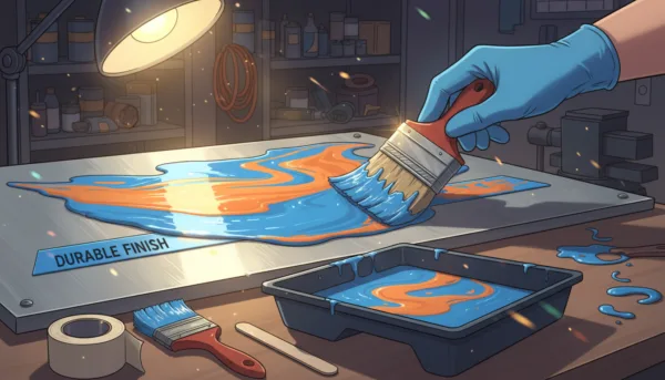 A detailed close-up of a metal surface being coated with epoxy paint, showcasing the glossy finish and vibrant colors. In the foreground, a well-organized workspace features tools such as a paintbrush and paint tray, with bright, reflective light illuminating the epoxy paint. The middle ground shows a hand, wearing modest gloves, expertly applying the paint to the metal surface, highlighting the smooth application technique. In the background, a blurred industrial setting hints at a workshop atmosphere, with shelves of supplies and equipment softly lit. The overall mood is professional and focused, emphasizing craftsmanship and attention to detail in achieving a perfect and durable finish.