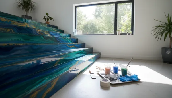 A modern staircase made of resin, showcasing sleek lines and a glossy finish. The foreground features the staircase in a well-lit room, highlighting its vibrant colors and intricate textures. The middle ground includes tools and materials for the resin application process, such as mixing cups, a spatula, and protective gear. In the background, soft natural light streams through a window, illuminating the space and casting gentle shadows. The mood is contemporary and creative, emphasizing a clean and organized workspace. The angle should be slightly elevated to capture a comprehensive view of the staircase, inviting viewers to appreciate the craftsmanship and potential of resin modernization for wooden staircases.