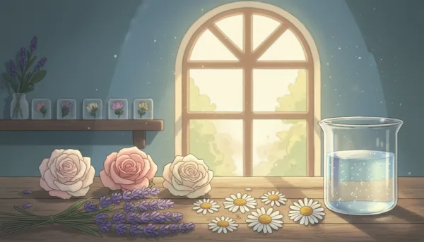 A serene workspace featuring an elegantly arranged display of dried flowers prepared for resin casting. In the foreground, a wooden table is adorned with vibrant, dried lavender, delicate daisies, and soft pastel roses, carefully laid out to showcase their natural beauty. In the middle ground, a glass container holds a mixture of resin, showcasing the drying process, with sparkling bubbles reflecting light. In the background, a softly lit window allows gentle sunlight to filter in, casting a warm glow across the scene. The atmosphere is tranquil and focused, emphasizing the art of preserving nature’s beauty through resin. The composition should evoke a sense of calm creativity, perfect for crafting floral resin art.