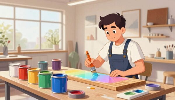 A vibrant scene showcasing the application of epoxy paint in a well-lit, modern workshop. In the foreground, a neatly organized workbench displays an array of epoxy paint cans in various colors, with a skilled painter in professional attire applying a smooth, glossy finish to a wooden surface. In the middle, the painter's focused expression conveys dedication as they expertly wield a brush, capturing the iridescent shimmer of the freshly applied paint. The background reveals walls adorned with previously completed projects featuring the epoxy finish, reflecting a range of practical applications, from home decor to industrial surfaces. Soft, natural light filters through large windows, casting a warm glow over the scene, emphasizing the professionalism and versatility of epoxy paint, creating an inspiring atmosphere.