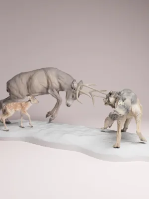figurine-combat-cerf-loup-resine-face Gros plan de face sur une figurine combat cerf loup résine, montrant les bois entrelacés du cerf et la gueule ouverte du loup prêt à mordre
