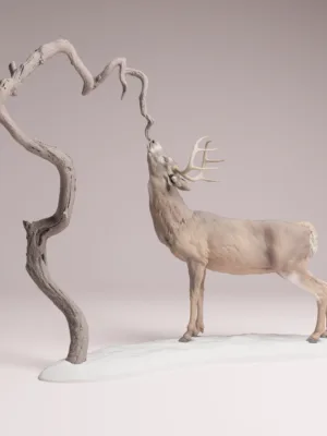 figurine-cerf-arbre-miniature-face Une figurine miniature d'un cerf majestueux en résine, dressé devant un arbre aux branches torsadées, le tout posé sur un socle ovale lisse, prête à être peinte pour un diorama.