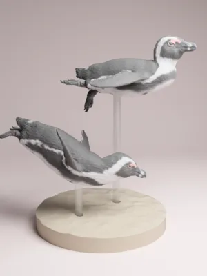 figurine-manchots-nageurs-profil Deux manchots sculptés en résine grise vus de profil, nageant l'un au-dessus de l'autre grâce à une fine tige transparente, prêts à être peints dans votre atelier.