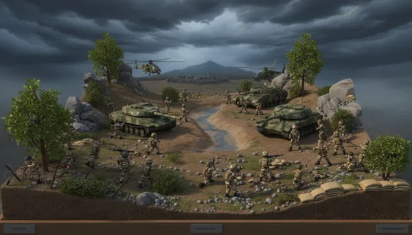 A detailed military diorama showcasing a battlefield scene, with meticulously crafted miniature soldiers in action poses. The foreground features diverse troops in realistic uniforms, engaged in tactical maneuvers among realistic terrain elements such as dirt, rocks, and foliage. The middle ground includes military vehicles like tanks and helicopters, partially camouflaged and positioned strategically. The background depicts a dramatic sky with billowing clouds, hinting at an impending storm, enhancing the tension of the scene. Soft, natural lighting casts shadows that amplify the intricacies of the figures and scenery, while the angle is slightly elevated to give a dynamic perspective on the unfolding conflict. The overall mood is intense and immersive, inviting viewers into the narrative of the diorama.
