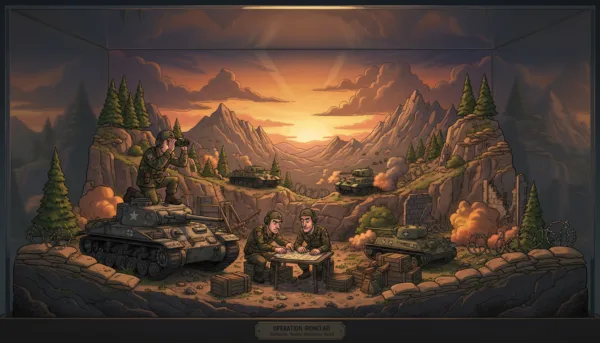 A detailed military diorama showcasing a realistic battlefield scene, featuring intricately designed miniature tanks and soldiers in action poses. In the foreground, focus on a tank commander peering through binoculars, with soldiers engaged in strategy discussions. The middle layer displays a rugged terrain with a mix of vegetation and model-made structures, such as sandbags and barricades. In the background, rolling hills meet a dramatic evening sky, illuminated by warm, golden light filtering through the clouds. Shot from a low-angle perspective to convey depth, enhancing the atmosphere of tension and focus. The overall mood is serious and immersive, reflecting the dedication and creativity of experienced modelers.