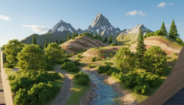 A detailed modelage terrain diorama featuring a realistic landscape, showcasing varying elevations, lush green hills, and winding paths. In the foreground, miniature trees and bushes create a vibrant, natural feel, with a small stream trickling through, reflecting light. The middle ground includes rolling hills painted with textured earth for realism, interspersed with patches of wildflowers. In the background, towering mountains rise under a clear blue sky with soft, fluffy clouds. Natural sunlight casts gentle shadows, enhancing the terrain's features. The scene is shot at eye level with a slightly wide-angle lens to capture depth and intricacy. The overall mood is serene and inviting, perfect for aspiring diorama creators looking to get inspired.