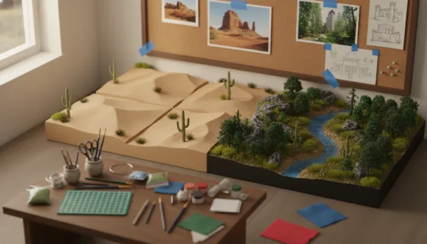 A detailed planification diorama showcasing a miniature workspace for diorama creation. In the foreground, a well-organized workspace features tools like scissors, paintbrushes, and a cutting mat, with colorful materials scattered around. In the middle ground, a partially constructed diorama represents various themes, such as a desert landscape and a forest scene, highlighting diverse textures and colors. The background displays reference images and sketches pinned on a corkboard, symbolizing careful planning. Soft, natural lighting illuminates the scene, creating a warm atmosphere. The angle is slightly tilted downwards, mimicking a photographer's perspective, enhancing the immersive quality of the image while ensuring no text or people in the scene.