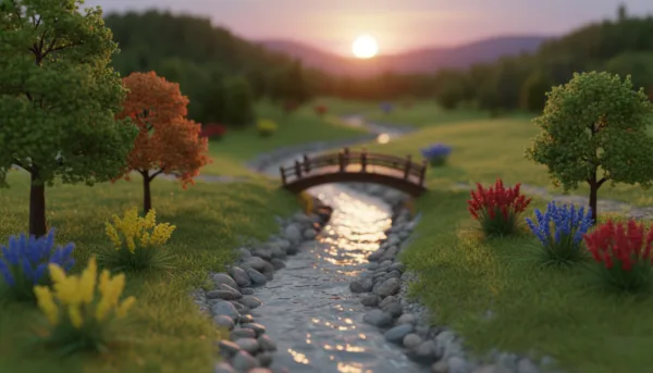 A realistic model diorama capturing a lush, miniature landscape depicting a serene natural scene. In the foreground, detailed miniature trees and flowers are arranged thoughtfully, showcasing vibrant colors and textures. The middle layer features a sparkling, winding river with finely crafted rocks and a small wooden bridge. The background includes rolling hills and a distant sunset, providing warm, golden lighting that casts soft shadows. The scene is viewed at a slight angle with a shallow depth of field, emphasizing the intricacy of the diorama while giving a sense of depth. The atmosphere is peaceful and inviting, evoking a sense of calm and wonder in nature. No text or overlays are present, ensuring the focus remains on the diorama's artistry.