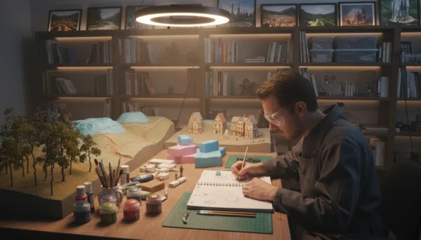 A well-organized diorama workshop scene, showcasing a variety of materials like foam, paint, and miniatures arranged neatly on a workbench. In the foreground, a focused individual wearing a smock and safety goggles meticulously sketches a layout plan on a notepad, illuminated by a warm, diffused overhead light. In the middle ground, various stages of diorama construction are visible, with partially completed scenic elements like trees, terrain, and small model buildings displayed on the workbench. The background features shelves filled with tools, books, and inspirational images, bathed in soft, ambient lighting, creating an inviting atmosphere conducive to creativity. The overall mood is one of concentration and inspiration, inviting viewers to appreciate the careful planning and design process behind creating a diorama.
