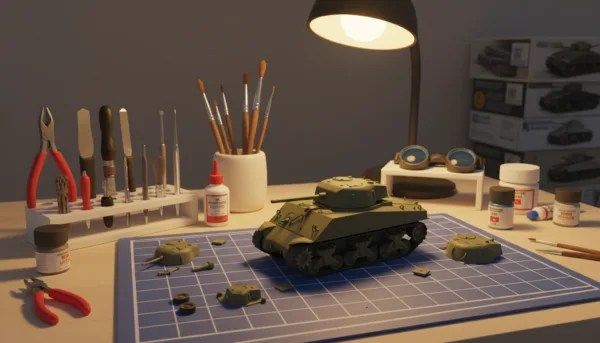 Une vue d'ensemble d'un établi de modéliste organisé avec des outils de précision, des pinceaux, de la colle et une maquette de char de la Seconde Guerre mondiale en cours de montage, éclairage chaleureux, style réaliste photographique 4k.