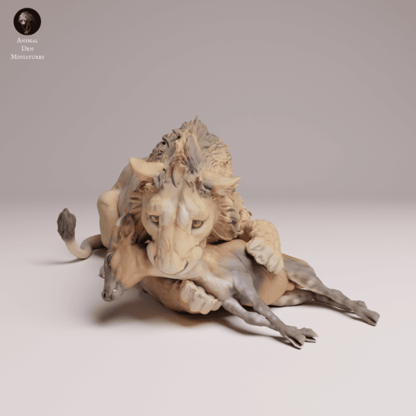 Lion 1/24 en résine avec antilope pour diorama et modélisme