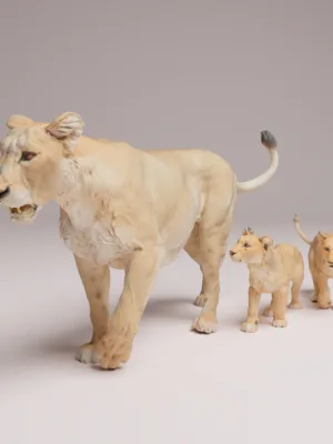 figurine-lionne-lionceaux-miniature-diorama Vue d'ensemble de la figurine miniature d'une lionne d'Asie et de ses deux lionceaux en pleine marche, prête pour votre mise en peinture.