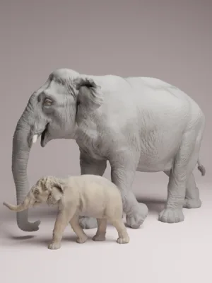 figurine-elephant-adulte-petit-face Vue de face d'une miniature d'un éléphant adulte protégeant son petit, montrant les détails réalistes de la trompe et des défenses prêts à être peints.