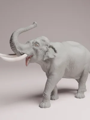 figurine-elephant-inde-douchant-1-32 Une figurine éléphant d'Inde en résine 1/32, représentée de profil, se versant de l'eau sur le dos avec sa trompe levée.