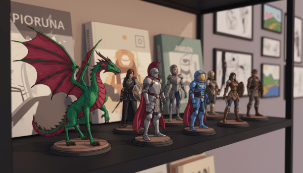 A beautifully arranged display of painted exposition figurines on a sleek, glossy shelf. The foreground features a diverse selection of intricately detailed figurines, showcasing various themes like fantasy, historical figures, and sci-fi characters, each with unique, vibrant colors and textures. In the middle ground, soft lighting illuminates the figurines, casting gentle shadows that enhance their details. The background displays a blurred collection of art books and a stylish gallery wall, suggesting an artistic ambiance. The overall mood is one of elegance and sophistication, inviting the viewer to appreciate the craftsmanship of the figurines. The image should be captured with a shallow depth of field to emphasize the figurines in sharp focus, creating a sense of intimacy and appreciation for these collectible works of art.