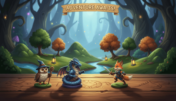 A beautifully arranged tabletop scene featuring animal figurines in a DnD immersive game setting. In the foreground, various hand-painted figurines of mythical creatures such as a wise-looking owl, a fierce dragon, and a playful fox are set on a textured wooden table. The middle ground showcases intricate terrain elements like rolling hills, miniature trees, and glowing lanterns. In the background, a dark, enchanted forest casts a mysterious atmosphere, with soft, dim lighting accentuating the figures. The scene is captured with a slight depth of field, focusing on the figurines while allowing the enchanting background to blur slightly. A warm, inviting glow permeates the space, evoking a sense of adventure and magic. The overall mood is whimsical and engaging, perfect for a tabletop game night.