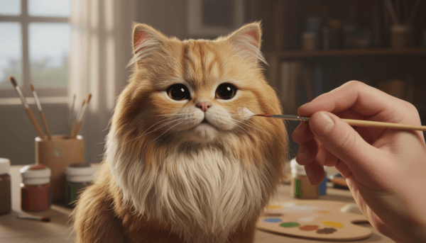 A beautifully detailed close-up of an animal figurine, specifically a dog or cat, showcasing advanced painting techniques for realistic fur. The foreground features the figurine with meticulously painted fur texture, highlighting individual hair strands and subtle color variations, reflecting a high level of craftsmanship. In the middle ground, an artist's hand gently holds a fine-detail brush, demonstrating the technique of "brossage sec" (dry brushing) on the figurine's coat. The background is softly blurred to emphasize the subject, with art tools and a palette of paint colors subtly visible. Soft, natural lighting illuminates the scene, casting soft shadows that enhance the fur’s realism and create an inviting, artistic atmosphere.