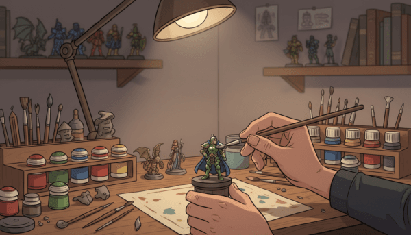 A close-up scene focusing on a skilled hobbyist repairing a chipped paint detail on a miniature figurine. The foreground shows a hand with steady precision holding a fine brush, applying new paint onto the surface of a small fantasy warrior figurine. In the middle, an array of paint pots and tools is neatly arranged on a wooden workbench, with a few partially completed figurines visible, illustrating the process of restoration. The background features soft, warm lighting emanating from a lamp, casting gentle shadows that create an inviting workshop atmosphere. The mood is calm and focused, capturing the dedication and care involved in figurine maintenance. A shallow depth of field emphasizes the meticulous work in the foreground, giving the image a professional and engaging look.