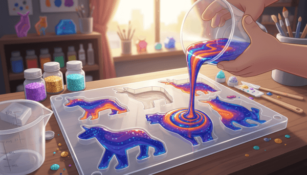 A close-up shot of a clear silicone mold being filled with vibrant, glossy epoxy resin. The foreground showcases the intricate details of the mold with resin slowly flowing in, capturing the smooth texture and reflective surface of the epoxy. The middle ground features mixing tools and a measuring cup, meticulously arranged with colorful pigments scattered around. In the background, a soft-focus workspace with tools and materials hints at a creative environment. Warm, natural lighting creates a cozy atmosphere, emphasizing the glossy sheen of the resin and the precision of the crafting process. The angle should be slightly above the mold for a dynamic view, portraying the artistry and concentration of epoxy pouring. The image conveys a sense of excitement and creativity in the crafting journey.