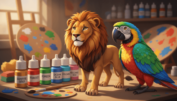 A close-up shot of a vibrant array of animal figurines, beautifully painted. The foreground features a detailed lion and a colorful parrot, showcasing intricate paint textures and shading, with glimmering highlights that capture their lifelike qualities. In the middle, a collection of paint bottles, each labeled with different colors, is artistically arranged next to a paintbrush. The background features a softly blurred workspace filled with art supplies, including palettes and sponges, enhancing the atmosphere of creativity. The lighting is warm and inviting, casting gentle shadows to add depth. The overall mood is one of inspiration and craftsmanship, ideal for showcasing the art of painting animal figurines.