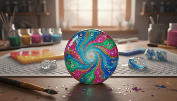 A close-up view of a beautifully crafted resin object, showcasing vibrant colors and intricate patterns embedded within the clear material. In the foreground, the resin piece glistens under soft, natural light, highlighting its glossy finish and the depth of colors. A few artistic tools like a small brush and glitter scattered around subtly indicate the crafting process. The middle ground features a wooden workspace adorned with a silicone mat and several other resin creations in various stages of completion, adding context to the crafting atmosphere. The background is softly blurred, hinting at a cozy, well-lit workshop filled with shelves of jars containing pigments and tools. The overall mood is warm and inviting, perfect for inspiring readers to preserve their resin creations.