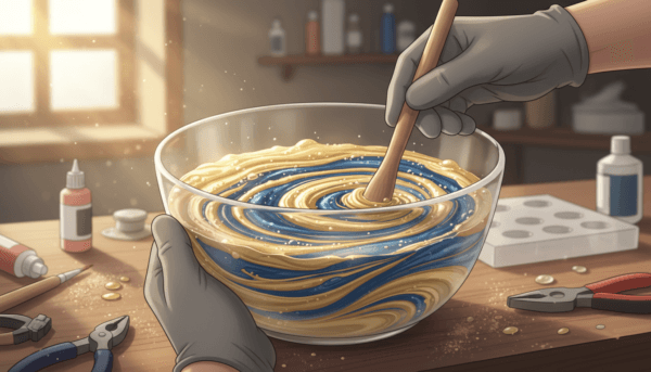 A close-up view of a crystal-clear epoxy resin being mixed, highlighting the transformation process of curing and polymerization. In the foreground, a glass mixing bowl with swirling gold and blue pigments being blended into the epoxy. In the middle, a gloved hand gently stirring the mixture with a wooden stick, showcasing the smooth, viscous texture of the resin. The background features a softly blurred workshop setting with tools and materials scattered, creating a rustic, creative atmosphere. Warm, natural lighting illuminates the scene, enhancing the glossy finish of the resin and casting soft shadows. The overall mood conveys a sense of craftsmanship and excitement, inspiring beginners to explore epoxy resin art.
