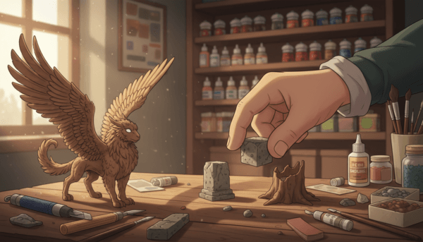A close-up view of a dedicated workspace for preparing a figurine's base, featuring a wooden table strewn with crafting tools like a hobby knife, sandpaper, and sculpting materials. The foreground showcases a partially assembled figurine of an animal, with attention to detail on its intricate features. In the middle layer, there's an artist's hand carefully selecting a textured support base, such as a piece of stone or a wooden block, emphasizing the tactile aspect of the preparation process. The background includes shelves filled with paint pots, brushes, and other art supplies, softly blurred to draw focus on the foreground. Warm, natural light streams in from a nearby window, creating a cozy, inviting atmosphere that inspires creativity. The composition balances clarity with a touch of artistic clutter, hinting at a passionate crafting endeavor.