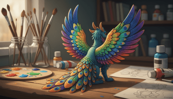 A close-up view of a finely detailed animal figurine, prominently featuring vibrant, meticulously painted feathers. The figurine stands against a softly blurred background that suggests an artist's workspace, with hints of paintbrushes and palettes among the scattered art supplies. The lighting is warm and inviting, casting gentle shadows that highlight the texture of the feathers, emphasizing their iridescent colors. The angle captures the intricate brushwork technique, showcasing the layering of colors and fine details used to depict the natural patterns of plumage. The mood is creative and inspiring, reflecting the delicate art of painting feathers on figurines, while focusing solely on the beauty and craftsmanship involved in the technique.