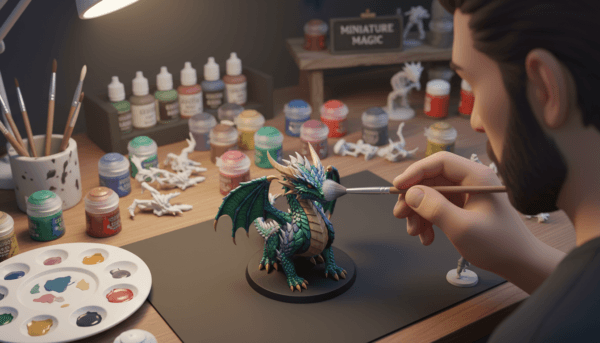 A close-up view of a miniature fantasy creature, such as a dragon or unicorn, being painted using the dry brushing technique. The foreground features the artist's hand holding a dry brush, gently applying a light color to highlight the intricate details of the figure’s scales or fur. In the middle, the painted figurine showcases vibrant colors and textures, illuminated by soft, diffused lighting to enhance realism. The background reveals an artist's workspace, cluttered with paint pots, brushes, and a palette, evoking a creative atmosphere. The image captures a sense of focus and dedication, encouraging the viewer to appreciate the craftsmanship and techniques involved in painting fantasy miniatures. The angle is slightly elevated, offering a dynamic perspective on the painting process.