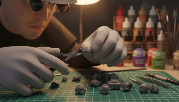 A close-up view of a person meticulously preparing plastic figure parts for assembly, focusing on the delicate process of removing pieces from a sprue. The foreground captures the gloved hands of the person holding a pair of precision scissors, carefully snipping the thin plastic connectors. In the middle, scattered figure parts, showcasing intricate details and textures, are arranged on a well-lit workbench with a cutting mat. The background is softly blurred, hinting at a well-organized workspace adorned with modeling tools and paint supplies. Warm ambient lighting highlights the shine of the plastic, creating an inviting and diligent atmosphere. The image conveys concentration and craftsmanship, perfect for illustrating the preparation step in model figure painting.