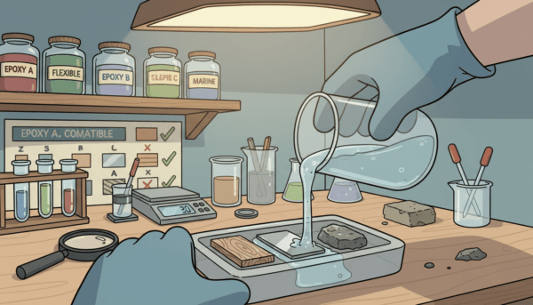 A close-up view of an epoxy resin compatibility test, showcasing a variety of materials such as wood, metal, and stone being prepared for analysis. In the foreground, detailed pouring of clear epoxy resin into a small mold, with gloved hands carefully handling the materials. The middle ground features a well-organized laboratory setting with various tools and measuring instruments arranged neatly on a workbench, illuminated by soft, diffused lighting that creates a clean and professional atmosphere. In the background, a shelf displays labeled jars of different epoxy types, enhancing the theme of compatibility. The scene conveys a sense of meticulous craftsmanship and scientific precision, focusing on the critical aspect of material compatibility in epoxy use.