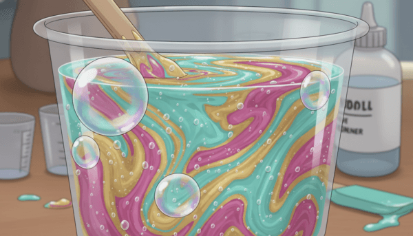 A close-up view of epoxy resin bubbles in a clear mixing cup, showcasing the intricate details of the trapped air bubbles within the glossy, viscous fluid. In the foreground, focus on a few large bubbles trapped against the side of the cup, highlighting their glossy surfaces that catch the light. The middle ground should feature the swirling mix of epoxy resin with strands of color pigments merging into the resin, creating a captivating visual texture. The background can include blurred workshop tools like a spatula and measuring cups, suggesting a studio environment. The lighting is bright and diffuse, emphasizing the clarity and luster of the resin. The overall atmosphere is calm and focused, conveying the idea of craftsmanship and careful technique in resin work.