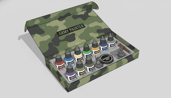 A complete Army Painter Warpaints starter kit box set displayed open, showing many colorful dropper bottles and a small container of Quickshade wash.
