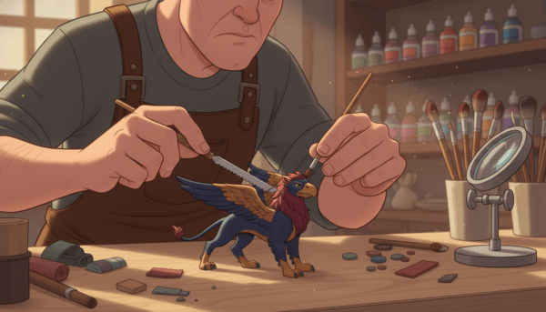 A detailed close-up of a skilled artisan's hands carefully eliminating mold lines and imperfections from a beautifully crafted animal figurine. The foreground features the artisan’s focused hands holding a small file and a fine brush, delicately smoothing the surface of the figurine. In the middle ground, the animal figurine, in vibrant colors and intricate details, sits atop a clean workbench scattered with tiny tools, like sanding pads and a magnifying glass. The background shows soft focused shelves filled with paint bottles and sculpting tools, creating a well-lit workshop atmosphere. Warm, natural lighting illuminates the scene, highlighting the textures of the figurine and the tools. The mood is one of concentration and artistry, emphasizing the preparation process before painting.