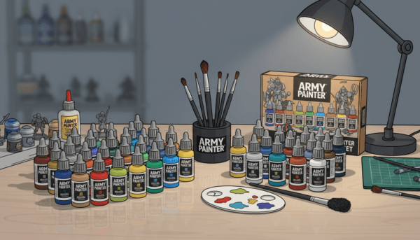 A high-quality starter set of Army Painter paints for animal miniatures, including brushes and various colors, organized on a wooden desk.