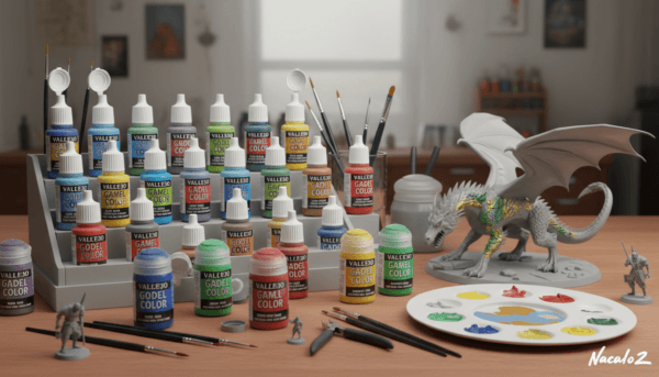 A high-quality studio photograph of several Vallejo Model Color and Game Color paint bottles arranged neatly on a wooden hobby desk next to a partially painted miniature dragon.