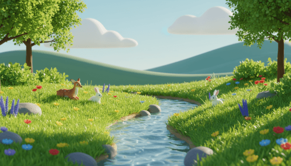 A miniature nature landscape depicting a serene diorama, featuring a lush green meadow with wildflowers in vibrant colors. In the foreground, small animal figurines such as deer and rabbits are delicately placed among realistic grass clumps and stones. The middle layer showcases a gently flowing stream, with glistening water reflecting dappled sunlight filtering through the trees. In the background, a distant line of soft hills under a clear blue sky, with a few fluffy white clouds lazily drifting by. The overall mood is tranquil and inviting, suggesting a peaceful natural setting. Use soft, diffused lighting to enhance the colors and create a warm atmosphere, captured from a slightly elevated angle to give depth to the scene. No text, logos, or watermarks.