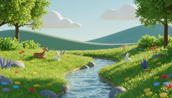 A miniature nature landscape depicting a serene diorama, featuring a lush green meadow with wildflowers in vibrant colors. In the foreground, small animal figurines such as deer and rabbits are delicately placed among realistic grass clumps and stones. The middle layer showcases a gently flowing stream, with glistening water reflecting dappled sunlight filtering through the trees. In the background, a distant line of soft hills under a clear blue sky, with a few fluffy white clouds lazily drifting by. The overall mood is tranquil and inviting, suggesting a peaceful natural setting. Use soft, diffused lighting to enhance the colors and create a warm atmosphere, captured from a slightly elevated angle to give depth to the scene. No text, logos, or watermarks.
