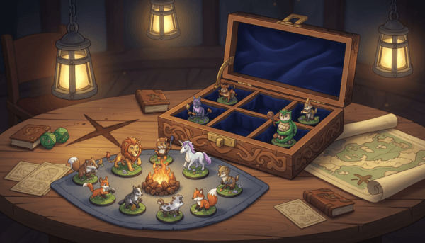 A neatly organized tabletop display showcasing a variety of intricately designed animal figurines for tabletop role-playing games like DnD. In the foreground, colorful figurines including a majestic lion, an elegant unicorn, and whimsical forest creatures are organized in a creative arrangement, ensuring easy access during gameplay. The middle ground features a custom wooden storage solution with compartments, artistically crafted to hold the figurines, with a soft velvet lining visible within. The background includes a dimly lit gaming room, complete with a rustic table and warm ambient lighting from hanging lanterns, creating a cozy and inviting atmosphere. The composition captures the thrill of the game, inviting viewers to immerse themselves in a world of adventure and imagination. The scene is viewable from a dynamic angle to showcase both the figurines and the storage solution effectively.