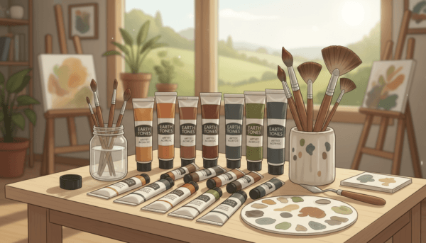 A professional set of acrylic paints in earth tones and various hobby brushes on a clean workspace, soft focus background.