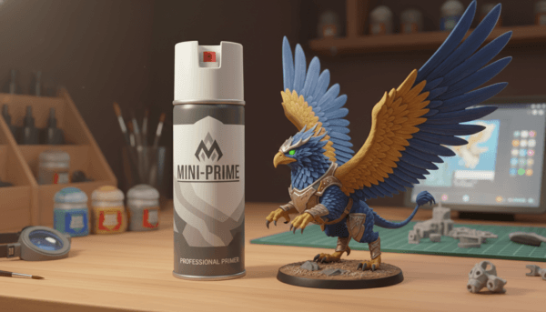A professional spray can of miniature primer standing next to a detailed fantasy animal figurine, soft studio lighting, hobbyist desk environment.