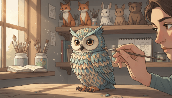 A serene artist's workspace featuring a highly detailed and vibrant animal figurine, meticulously painted in a range of soft, patient hues. In the foreground, the figurine of a wise owl perched on a rustic table, showcasing intricate brushwork that highlights its feathers. The middle section reveals an artist's hand holding a fine-tipped paintbrush, delicately adding the finishing touches to the owl. In the background, softly blurred, are shelves filled with art supplies and other unfinished figurines. Gentle, warm lighting filters through a nearby window, casting a calming glow on the scene, creating an atmosphere of tranquility and focus. The composition emphasizes the theme of patience in painting, inviting the viewer to reflect on the importance of taking time with artistic endeavors.