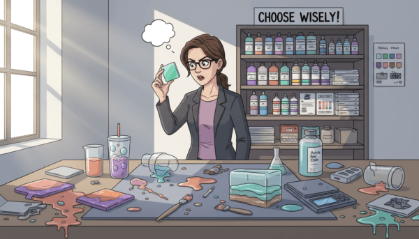 A visually striking workspace scene showcasing common mistakes made when choosing epoxy resin for decoration. In the foreground, display a large, messy table cluttered with half-finished resin projects, including mismatched colors, bubbles, and incorrect mixing ratios. A set of spilled resin tools and containers should add to the chaotic atmosphere. In the middle ground, show a focused individual in professional attire, carefully inspecting a vibrant epoxy sample, with a look of concentration, representing the importance of informed choices. The background can feature a well-organized shelf displaying various epoxy types and guides, conveying order amidst the mistakes. The lighting is bright and natural, enhancing the colors while casting soft shadows to create depth. Aim for a mood of caution and learning.