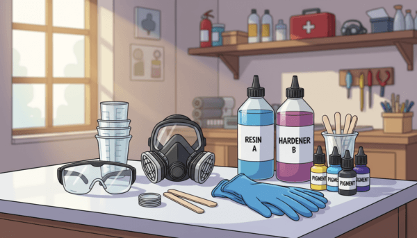 A well-organized workspace dedicated to epoxy resin safety practices. In the foreground, display a clean countertop with safety gear: protective gloves, safety goggles, and a respirator mask arranged neatly. In the middle, highlight a high-quality epoxy resin kit, including measuring cups, stirring sticks, and color pigments, all labeled clearly. The background features a well-lit workshop with shelves stocked with additional safety equipment and tools, emphasizing an organized and compliant environment. Soft, natural light streams in through a nearby window, creating a warm atmosphere conducive to focus and safety. Use a shallow depth of field to softly blur the background, drawing attention to the safety equipment and epoxy materials, while conveying professionalism and preparedness for safe mold-making practices.