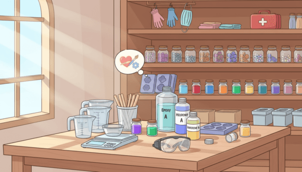 A well-organized workspace for preparing epoxy resin projects. In the foreground, a clean wooden table, neatly arranged with essential tools such as measuring cups, stirring sticks, a scale, and safety goggles. In the middle, an open bottle of clear epoxy resin accompanied by a hardener and vibrant pigment colors in small containers, all meticulously placed. The background features shelves lined with safety equipment like gloves and masks, along with jars of decorative items like glitter and dried flowers. Soft, natural lighting filters in from a nearby window, casting gentle shadows to enhance the depth. The atmosphere feels focused and inspiring, perfect for creativity and craftsmanship, inviting viewers into the world of resin art.