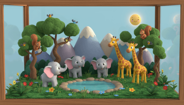 A whimsical diorama showcasing various animal figurines integrated into a vibrant landscape. In the foreground, a lively group of miniature elephants and giraffes interact near a small waterhole, surrounded by detailed grass and colorful flowers. The middle ground features a dense thicket of trees, where tiny birds and squirrels can be seen among the branches. In the background, a majestic mountain range looms under a clear blue sky lit by soft, warm sunlight, casting gentle shadows across the scene. The overall mood is cheerful and inviting, perfect for capturing the joy of creating dioramas. Shot from a slightly elevated angle to emphasize depth, the composition draws the viewer into this enchanting miniature world.