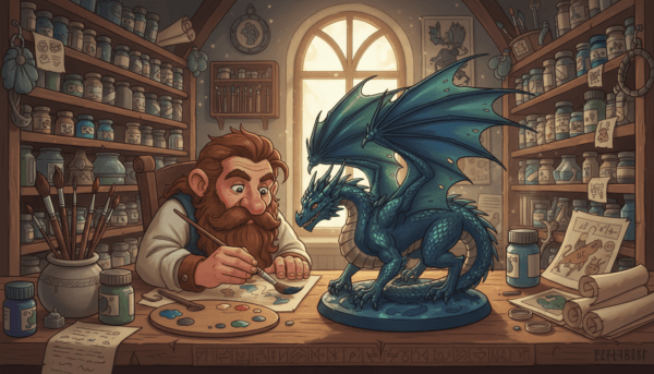 A whimsical scene depicting the application of layered painting techniques on a fantastical creature for a tabletop game. In the foreground, a skilled painter meticulously applies vibrant base colors to a majestic dragon, showcasing rich blues and greens with fine brushes. The middle ground features an array of paint supplies, including palettes, brushes, and reference images, arranged neatly on a rustic wooden table. The background reveals an enchanting workshop filled with shelves of used paint jars and fantastical painting tools, illuminated by warm, natural light from a large window. The atmosphere is creative and inspiring, with soft shadows and the feeling of artistic focus. The angle is slightly above eye level, capturing the essence of the painting process in action.
